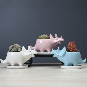 Ceramic Triceratops Flowerpot With Tray [Watch my plants grow!] - Tiny T-Rex Hands