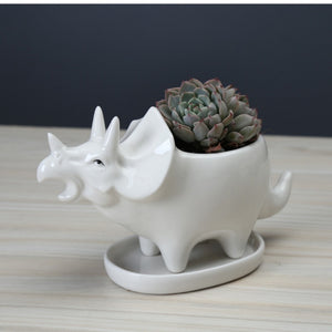 Ceramic Triceratops Flowerpot With Tray [Watch my plants grow!] - Tiny T-Rex Hands