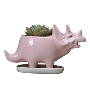 Ceramic Triceratops Flowerpot With Tray [Watch my plants grow!] - Tiny T-Rex Hands