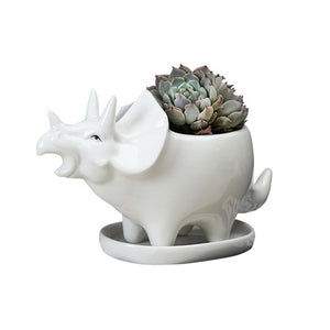 Ceramic Triceratops Flowerpot With Tray [Watch my plants grow!] - Tiny T-Rex Hands