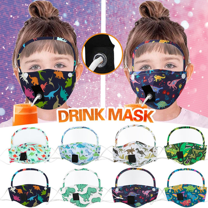 Dinosaur kids drink mask for face with washable shield and straw hole [Mask and shield put together in one!] - Tiny T-Rex Hands