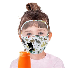 Dinosaur kids drink mask for face with washable shield and straw hole [Mask and shield put together in one!] - Tiny T-Rex Hands