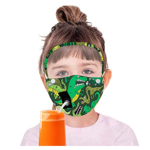 Dinosaur kids drink mask for face with washable shield and straw hole [Mask and shield put together in one!] - Tiny T-Rex Hands